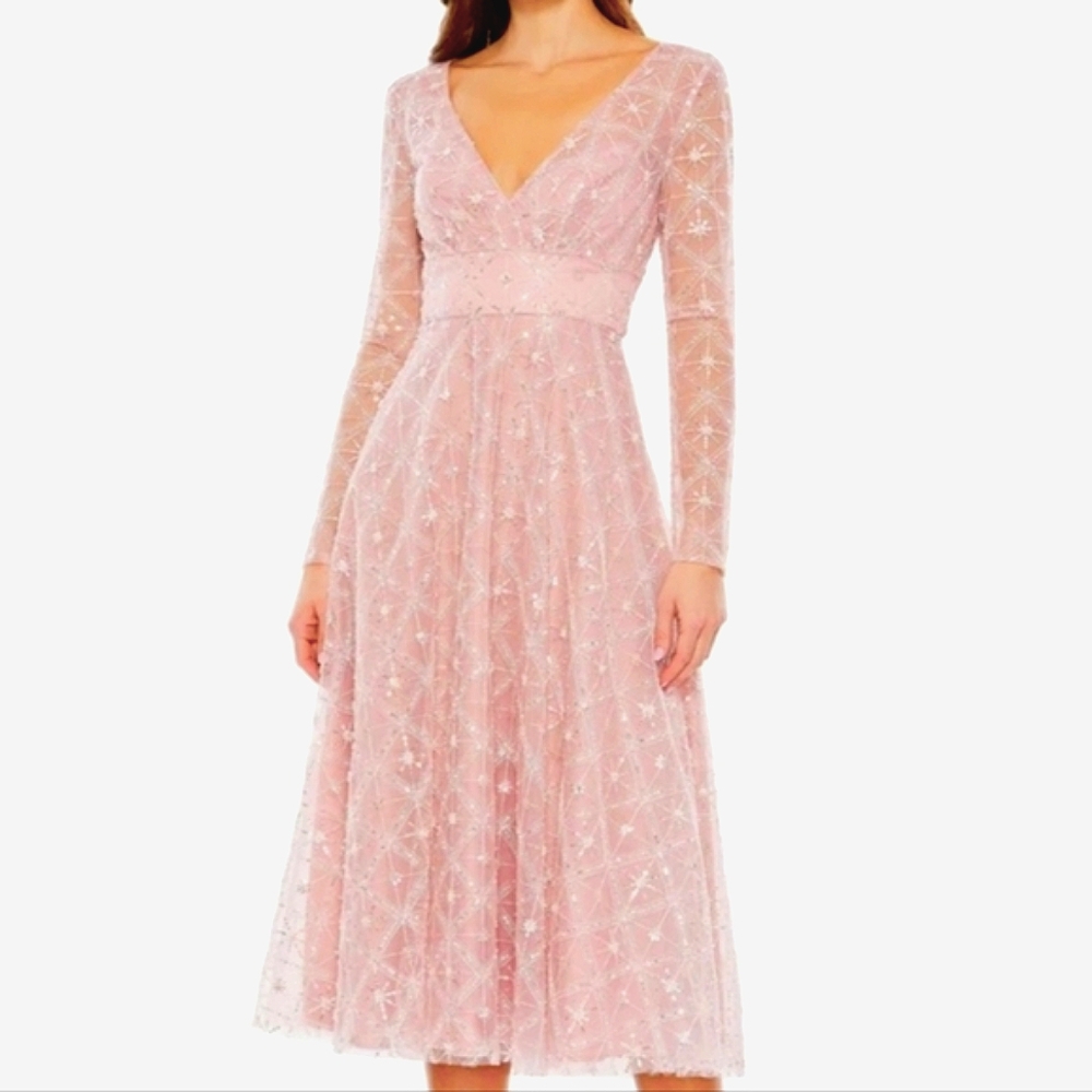 Mac Duggal Blush Lace Midi Dress
